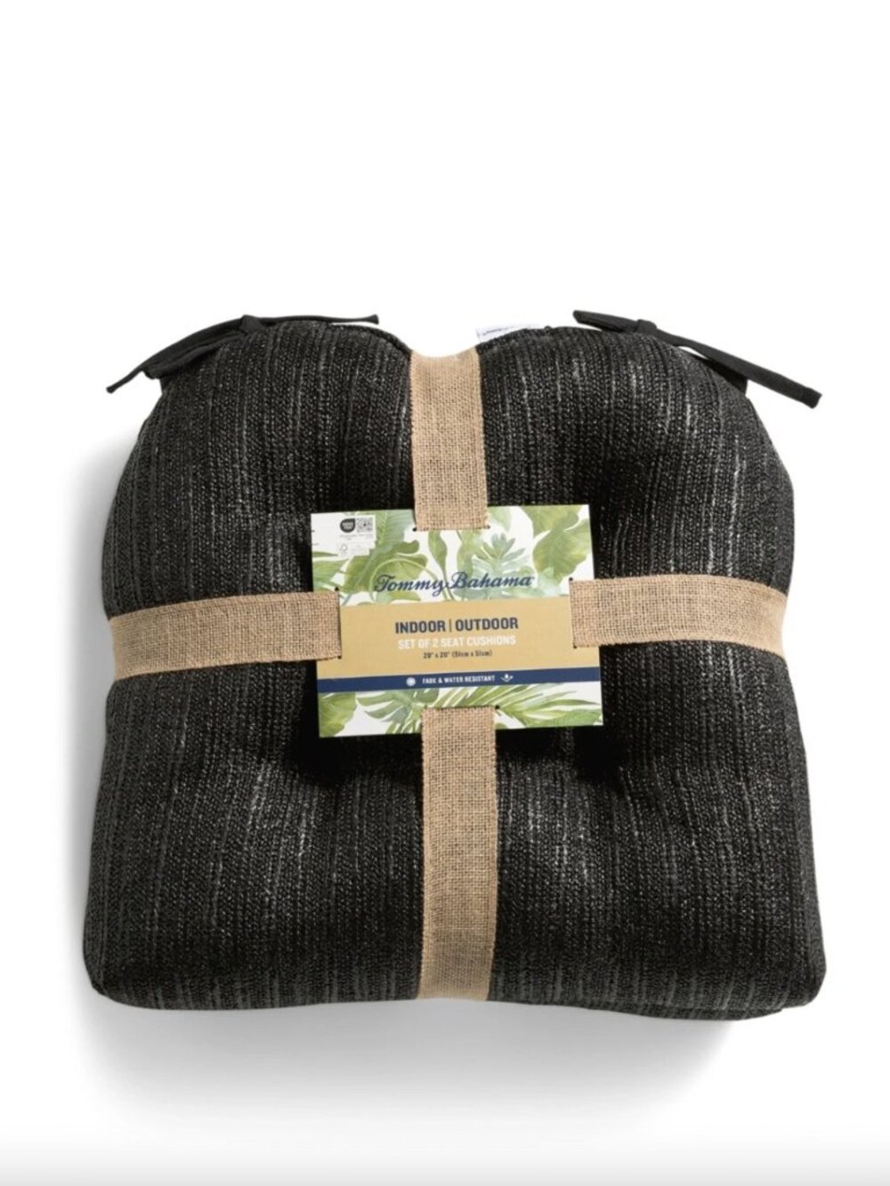 2 Tommy Bahama Tufted Seat Cushion Set Black Woven Faux Straw Raffia In/ Outdoor